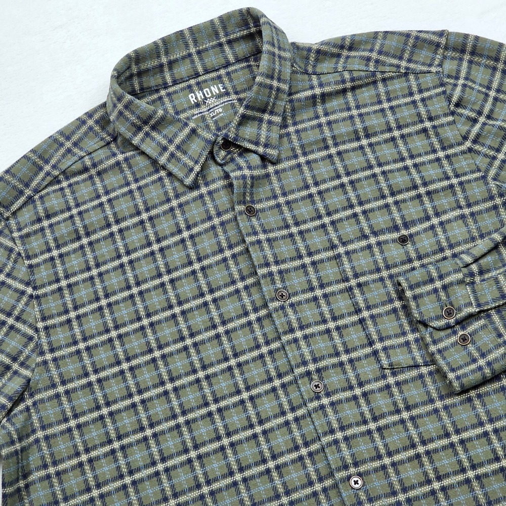 Rhone Hardy Flannel Button Up Mens XL Olive Green Blue Plaid Performance